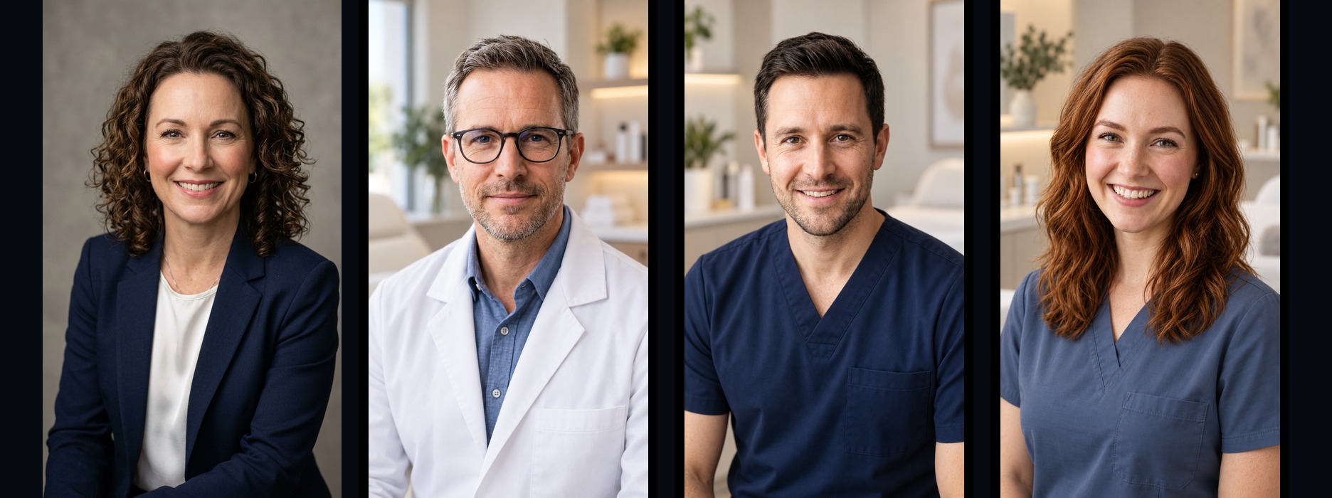 Four approved Advancing AI medical-spa employee presenters in scrubs and a lab coat